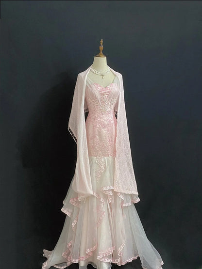 Vintage 80s Mermaid V Neckline Pink Lace Tulle Long Prom Dresses Formal Outfits Evening Night Dress RB7985