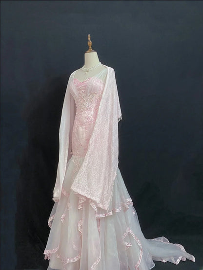 Vintage 80s Mermaid V Neckline Pink Lace Tulle Long Prom Dresses Formal Outfits Evening Night Dress RB7985