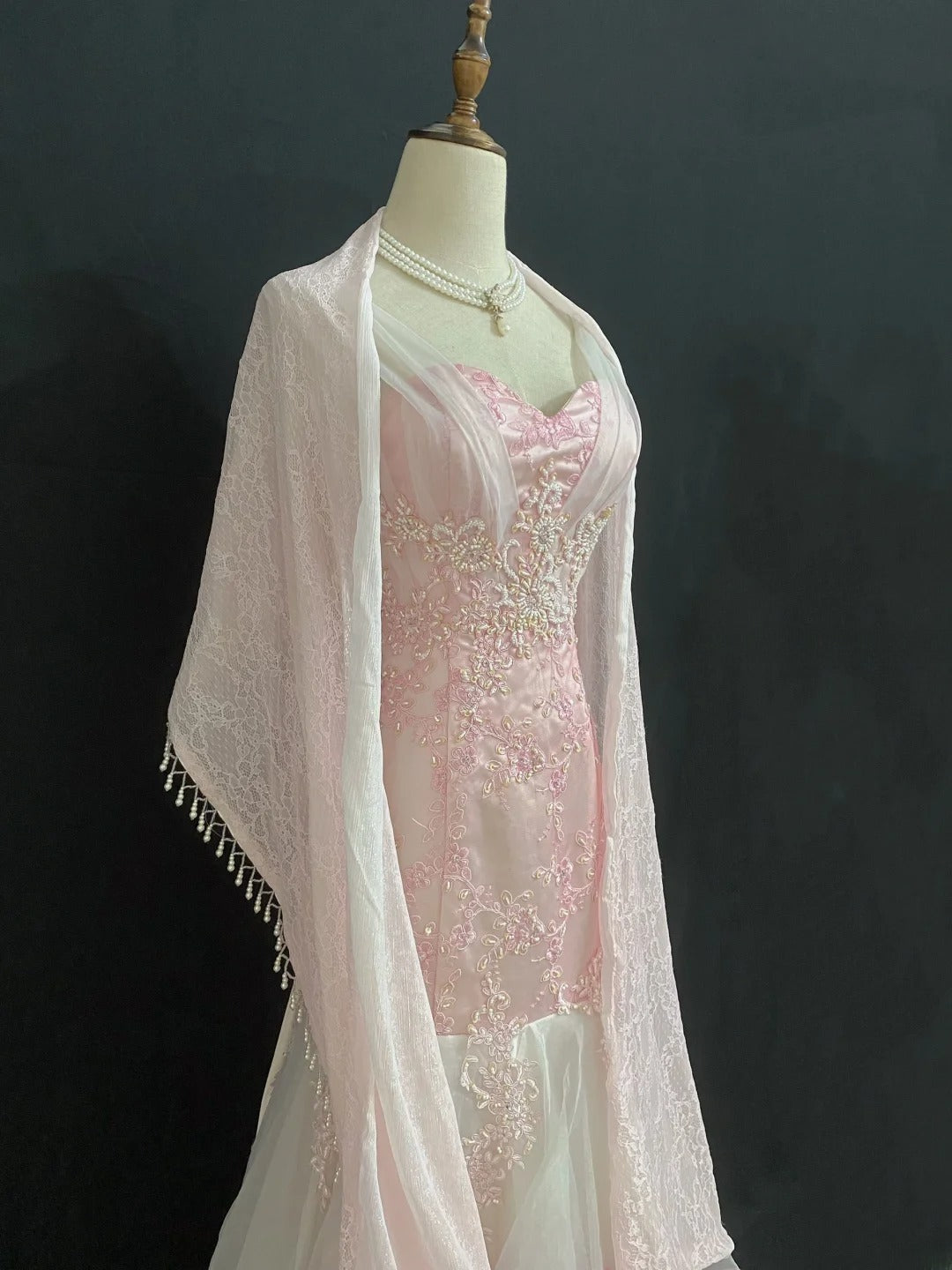 Vintage 80s Mermaid V Neckline Pink Lace Tulle Long Prom Dresses Formal Outfits Evening Night Dress RB7985