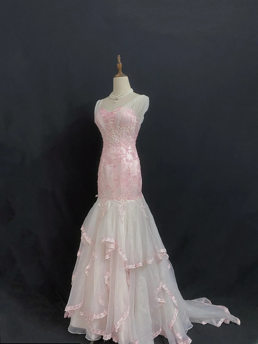 Vintage 80s Mermaid V Neckline Pink Lace Tulle Long Prom Dresses Formal Outfits Evening Night Dress RB7985