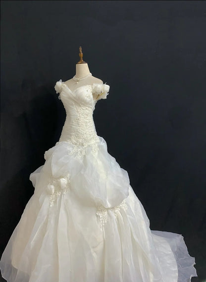 Vintage 80s Ball Gown Off The Shoulder Organza White With Flowers Drop Waist Brides Gown Bridal Dress Wedding Dresses RB7986