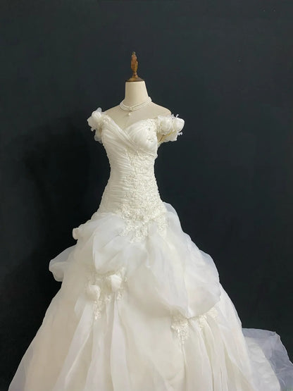 Vintage 80s Ball Gown Off The Shoulder Organza White With Flowers Drop Waist Brides Gown Bridal Dress Wedding Dresses RB7986