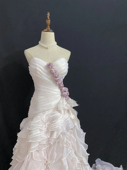 Vintage 80s Mermaid Sweetheart Light Pink Chiffon With Flowers Tiered Brides Gown Bridal Dress Wedding Dresses RB7988