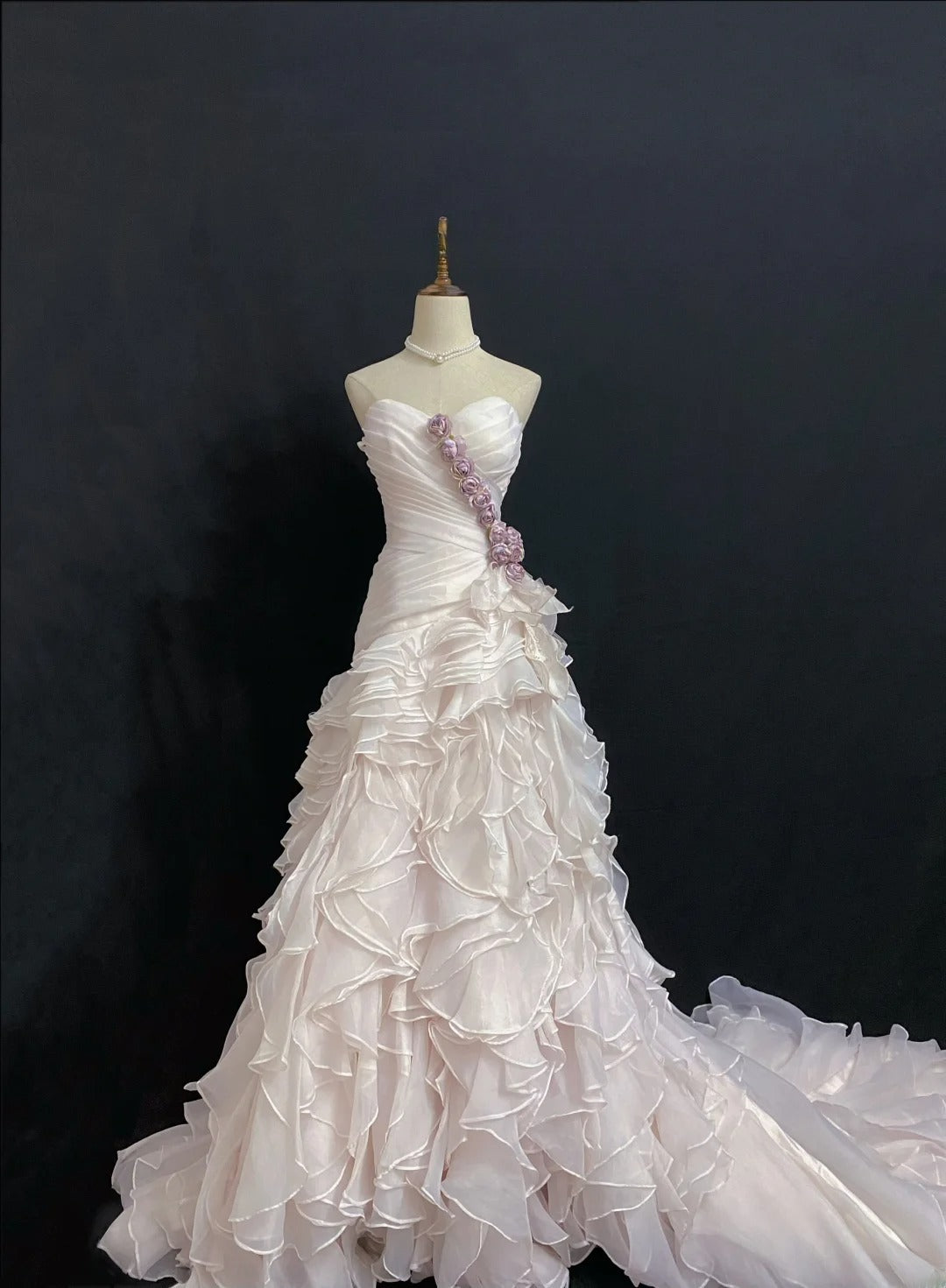 Vintage 80s Mermaid Sweetheart Light Pink Chiffon With Flowers Tiered Brides Gown Bridal Dress Wedding Dresses RB7988