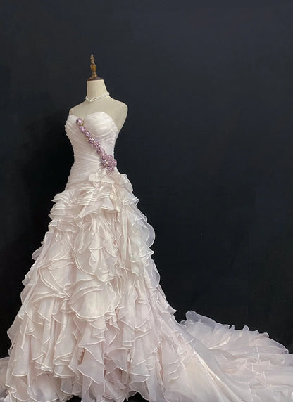 Vintage 80s Mermaid Sweetheart Light Pink Chiffon With Flowers Tiered Brides Gown Bridal Dress Wedding Dresses RB7988
