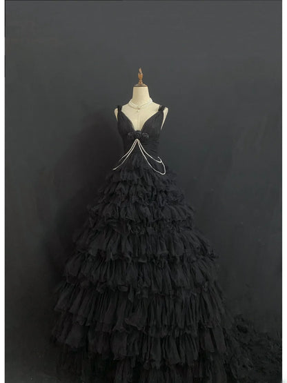 Princesses Fairytale Ball Gown V Neck Black Tulle Long With Tiered Layers Flowers Quince Dress Quinceanera Dresses Formal Birthday Outfits RB7989