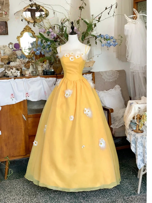 Elegant Ball Gown Spaghetti Straps Yellow With Flowers Prom Dress Floor Length Evening Party Gown RB9593