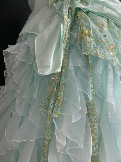 Princesses Fairytale Ball Gown Strapless Green Chiffon With Tiered Ruffled Quince Dress Quinceanera Dresses 17th Birthday Outfit RB7990