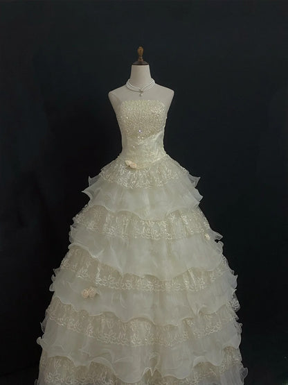 Princesses Fairytale Ball Gown Strapless Yellow Organza With Tiered Ruffled Quince Dress Quinceanera Dresses 17th Birthday Outfit RB7991