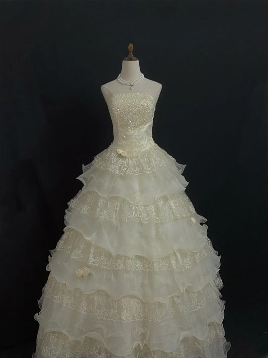 Princesses Fairytale Ball Gown Strapless Yellow Organza With Tiered Ruffled Quince Dress Quinceanera Dresses 17th Birthday Outfit RB7991