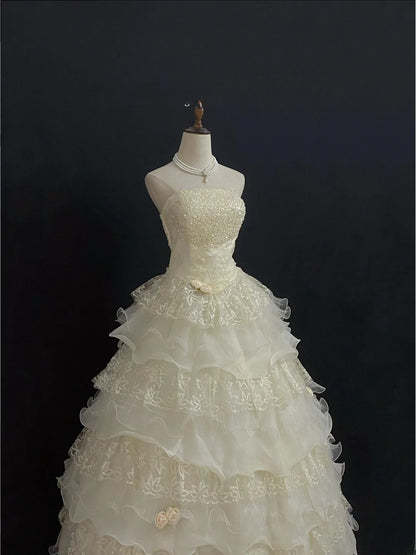 Princesses Fairytale Ball Gown Strapless Yellow Organza With Tiered Ruffled Quince Dress Quinceanera Dresses 17th Birthday Outfit RB7991