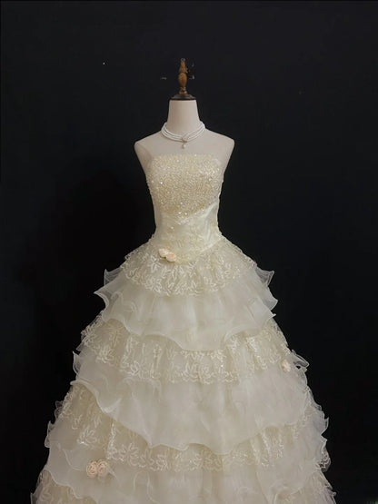 Princesses Fairytale Ball Gown Strapless Yellow Organza With Tiered Ruffled Quince Dress Quinceanera Dresses 17th Birthday Outfit RB7991
