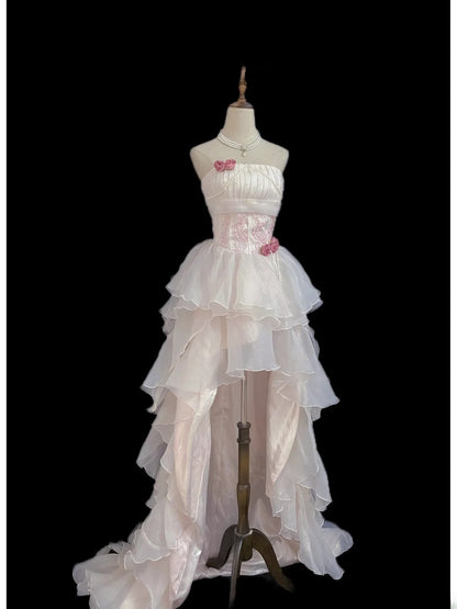 Vintage 80s High Low Strapless Light Pink Chiffon Prom Dresses Formal Outfits Evening Night Dress RB7993