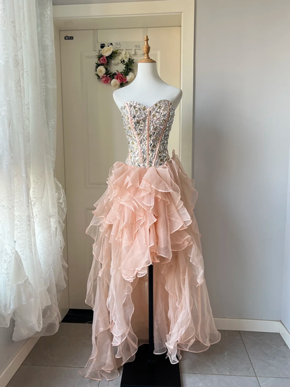 Dezentes Vokuhila-Abiballkleid in Altrosa, festliches Abendkleid mit Kristallen für Damen RC0846