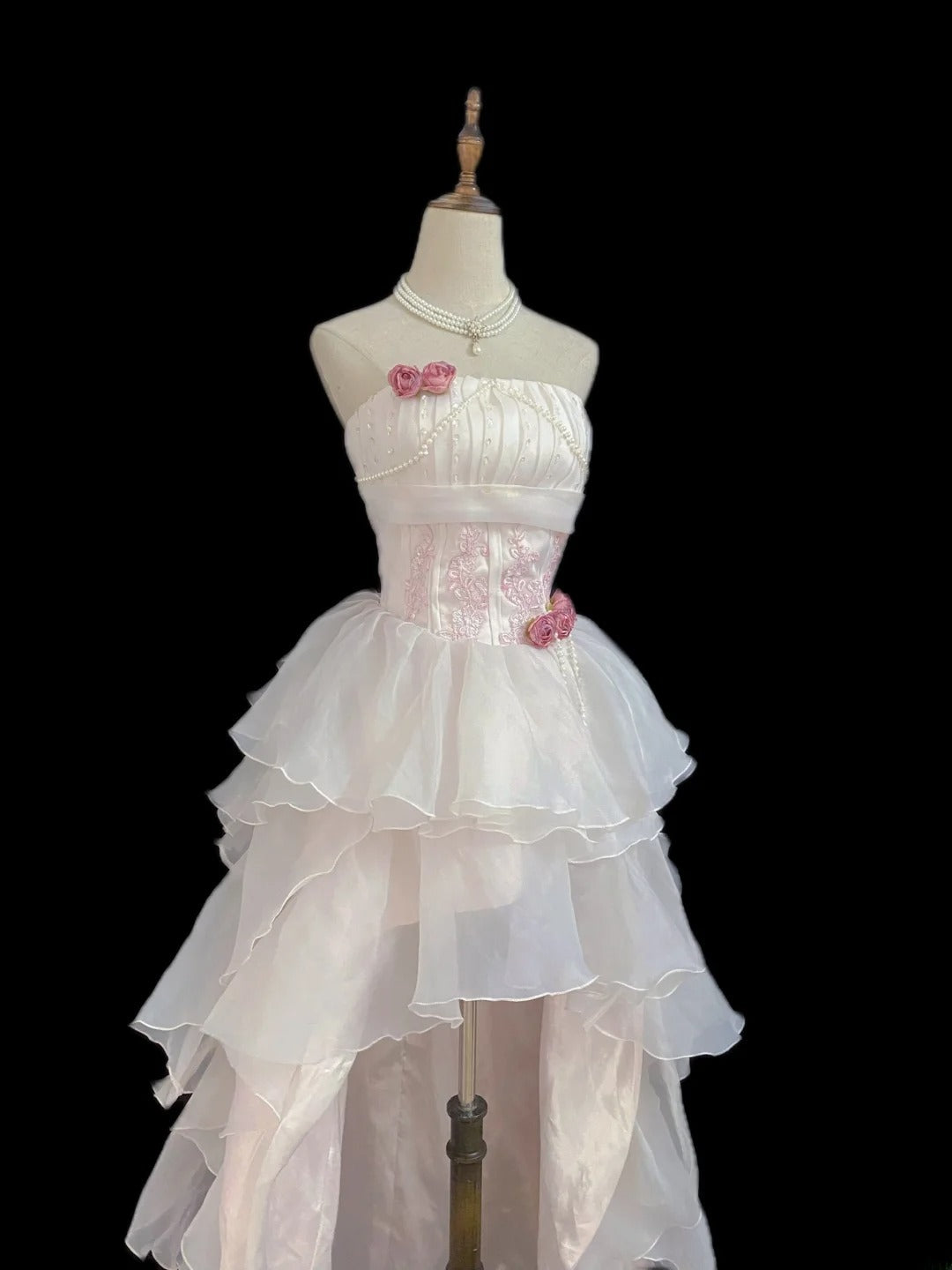Vintage 80s High Low Strapless Light Pink Chiffon Prom Dresses Formal Outfits Evening Night Dress RB7993