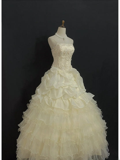 Princesses Fairytale Ball Gown Strapless Yellow Tulle With Tiered Layers Quince Dress Quinceanera Dresses 17th Birthday Outfit RB7994