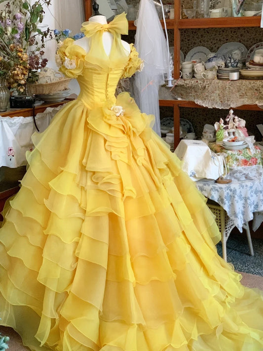 Sweet 16 Dress Ball Gown Halter Yellow With Short Sleeves Vestido De 15 Sweet Sixteen Dress RB9595