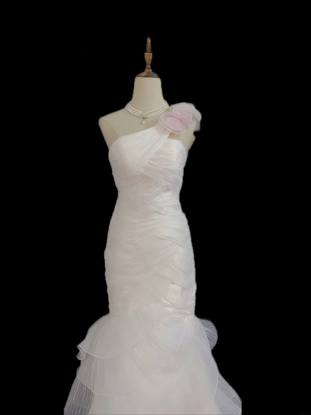 Vintage 80s Mermaid One Shoulder Light Pink Tulle Prom Dresses Formal Outfits Evening Night Dress RB7995