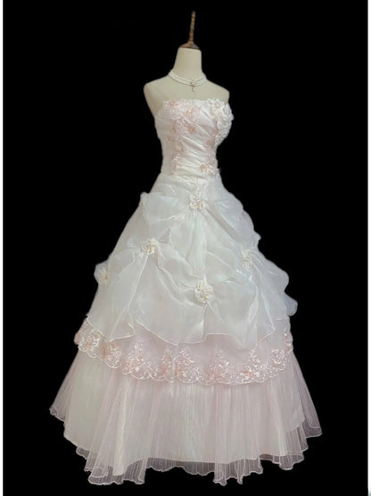 Princesses Fairytale Ball Gown Strapless Light Pink Organza Tulle With Tiered Layers Quince Dress Quinceanera Dresses 19th Birthday Outfit RB7996
