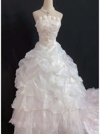 Princesses Fairytale Ball Gown Strapless Light Pink Organza With Tiered Layers 3D Flowers Quince Dress Quinceanera Dresses 19th Birthday Outfit RB7997