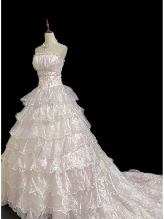 Princesses Fairytale Ball Gown Strapless Light Pink Organza With Tiered Layers Quince Dress Quinceanera Dresses 19th Birthday Outfit RB7998