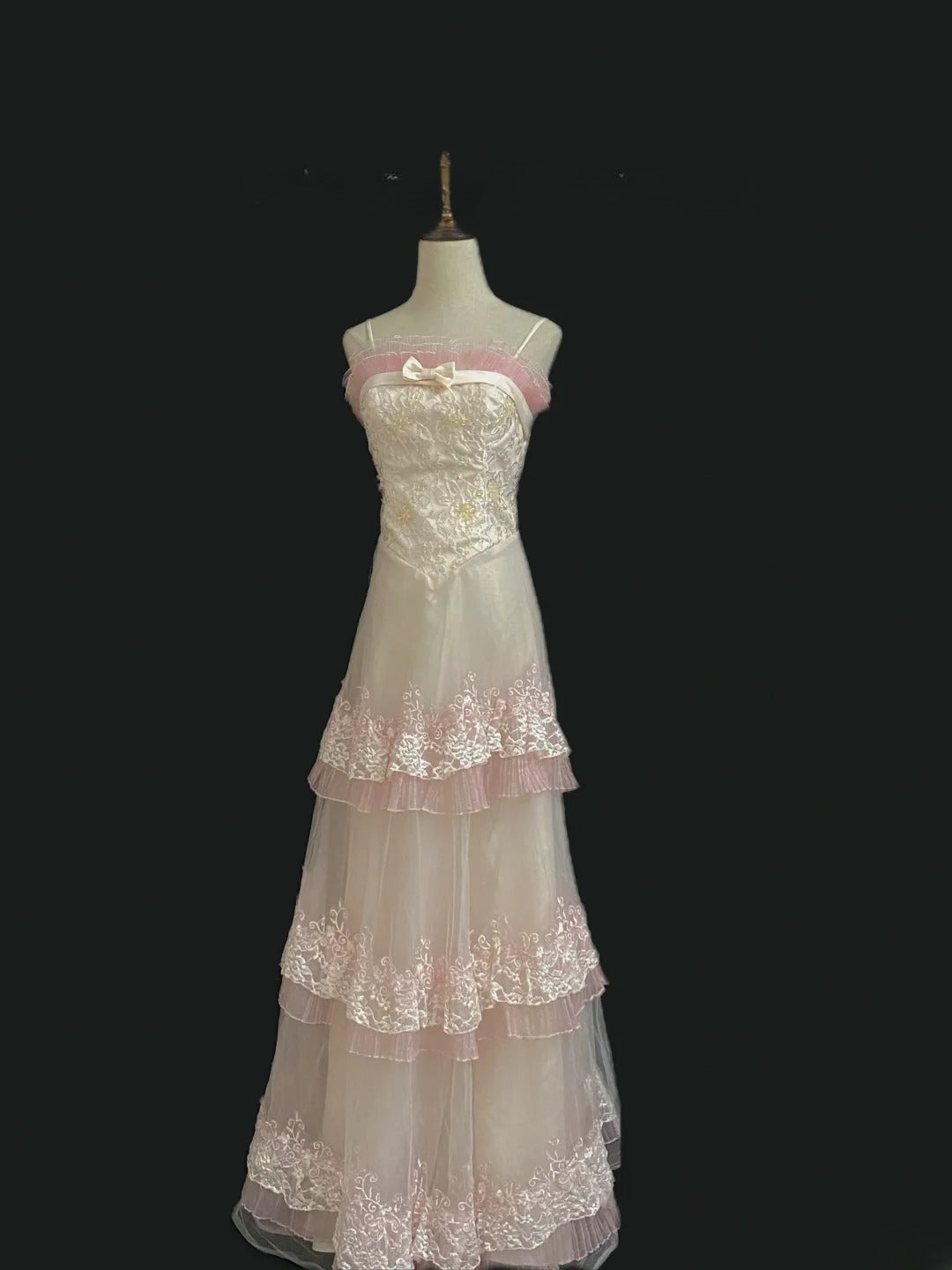 Vintage 80s A Line Spaghetti Straps Pink Tulle Lace Prom Dresses Formal Outfits Evening Night Dress RB7999