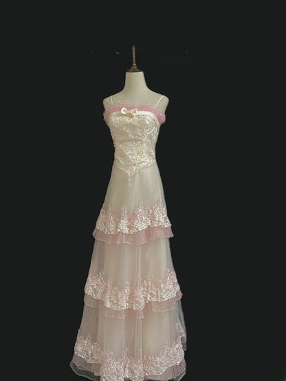 Vintage 80s A Line Spaghetti Straps Pink Tulle Lace Prom Dresses Formal Outfits Evening Night Dress RB7999