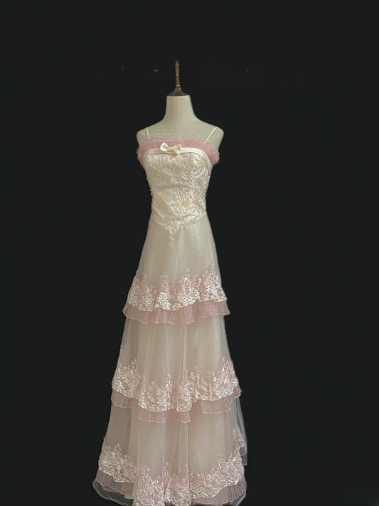 Vintage 80s A Line Spaghetti Straps Pink Tulle Lace Prom Dresses Formal Outfits Evening Night Dress RB7999