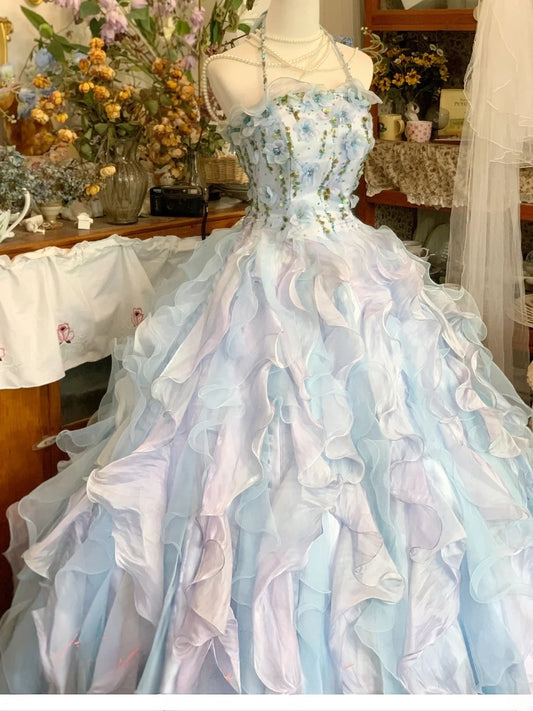 Sweet 16 Dress Ball Gown Halter Light Sky Blue Floral With Tiered Layers Vestido De 15 Sweet Sixteen Dress RB9597