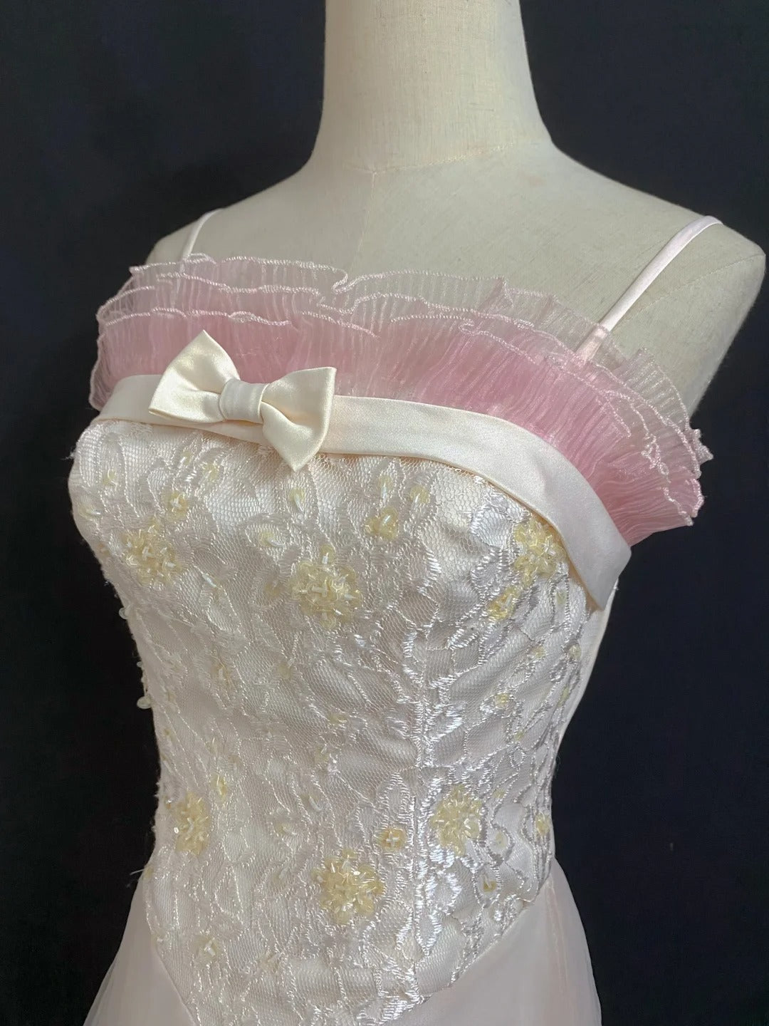 Vintage 80s A Line Spaghetti Straps Pink Tulle Lace Prom Dresses Formal Outfits Evening Night Dress RB7999