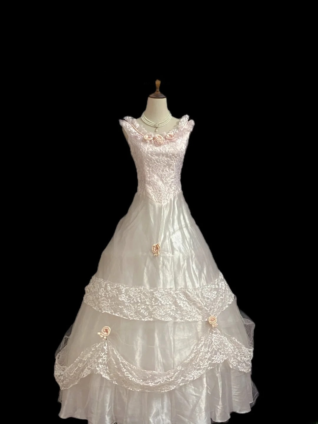 Princesses Fairytale Ball Gown Scoop Pink Lace Long With Flowers Quince Dress Quinceanera Dresses Formal Birthday Outfits RB8001