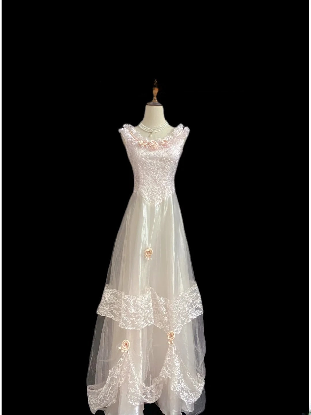 Princesses Fairytale Ball Gown Scoop Pink Lace Long With Flowers Quince Dress Quinceanera Dresses Formal Birthday Outfits RB8001