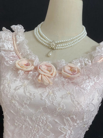 Princesses Fairytale Ball Gown Scoop Pink Lace Long With Flowers Quince Dress Quinceanera Dresses Formal Birthday Outfits RB8001
