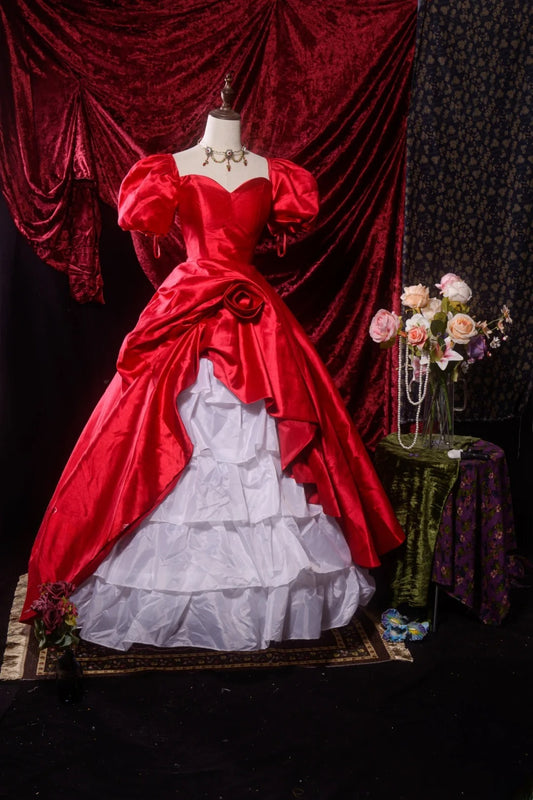 Süßes Ballkleid aus rotem Satin mit Ärmeln, langes Abschlussballkleid für Sweet 15, Quinceañera-Kleid, festliche Kleidung RB8654