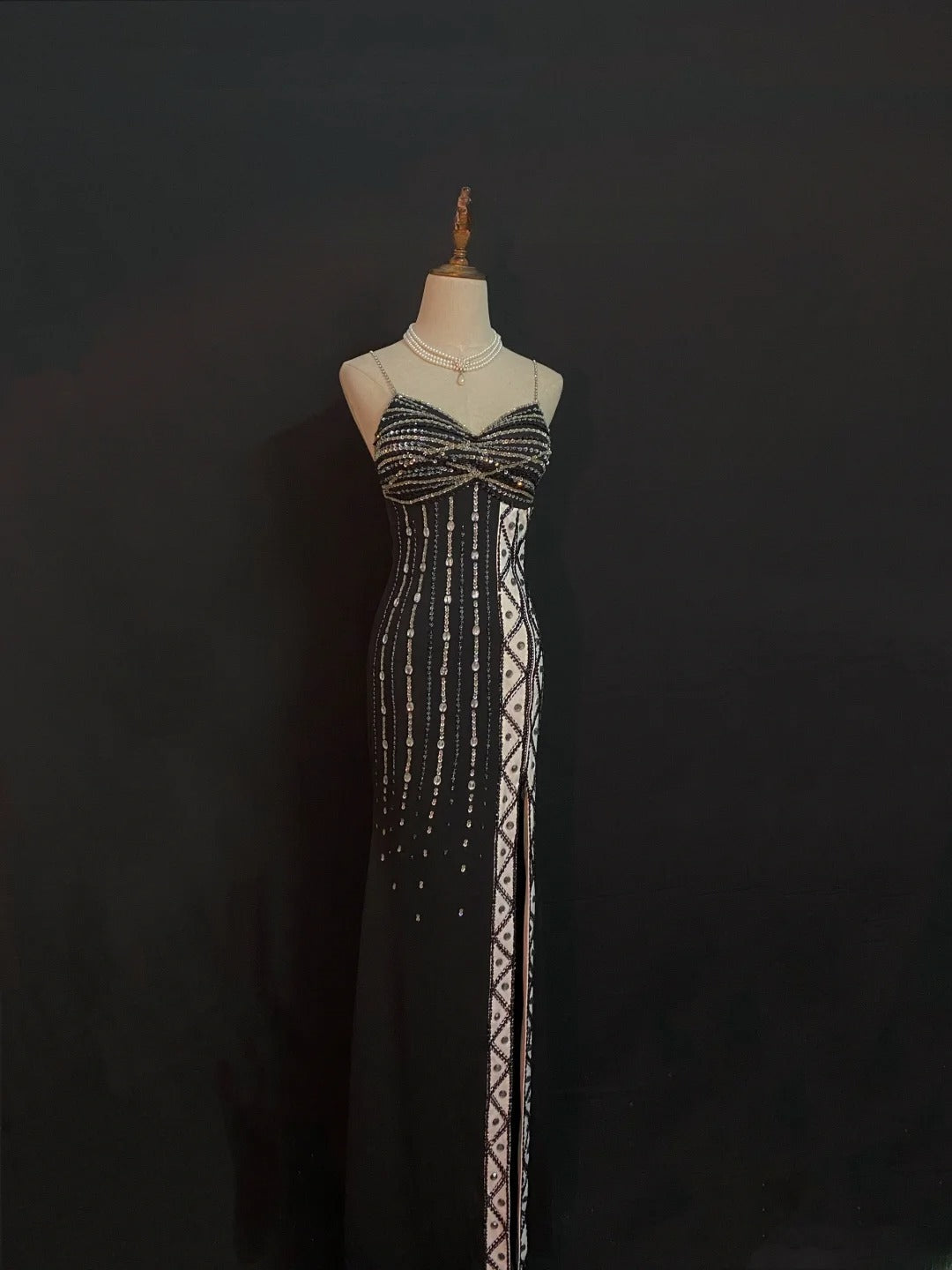 Vintage 80s Mermaid Spaghetti Straps Black Chiffon With Split Beading Prom Dresses Formal Outfits Evening Night Dress RB8004