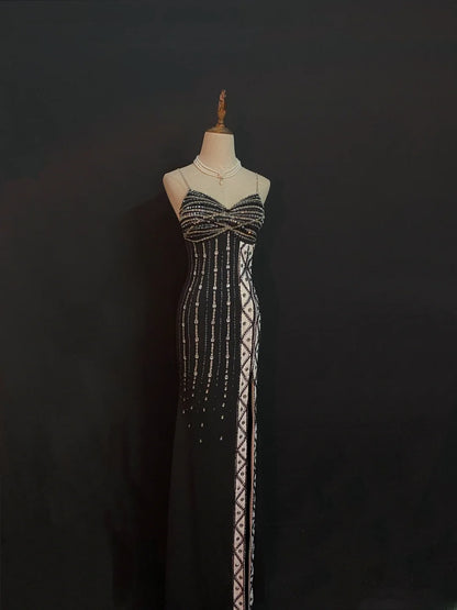 Vintage 80s Mermaid Spaghetti Straps Black Chiffon With Split Beading Prom Dresses Formal Outfits Evening Night Dress RB8004