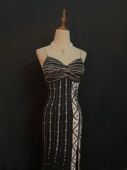 Vintage 80s Mermaid Spaghetti Straps Black Chiffon With Split Beading Prom Dresses Formal Outfits Evening Night Dress RB8004