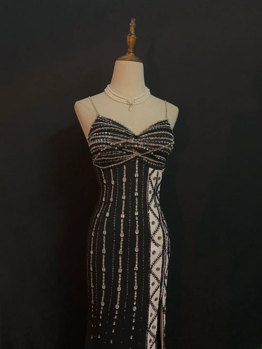 Vintage 80s Mermaid Spaghetti Straps Black Chiffon With Split Beading Prom Dresses Formal Outfits Evening Night Dress RB8004