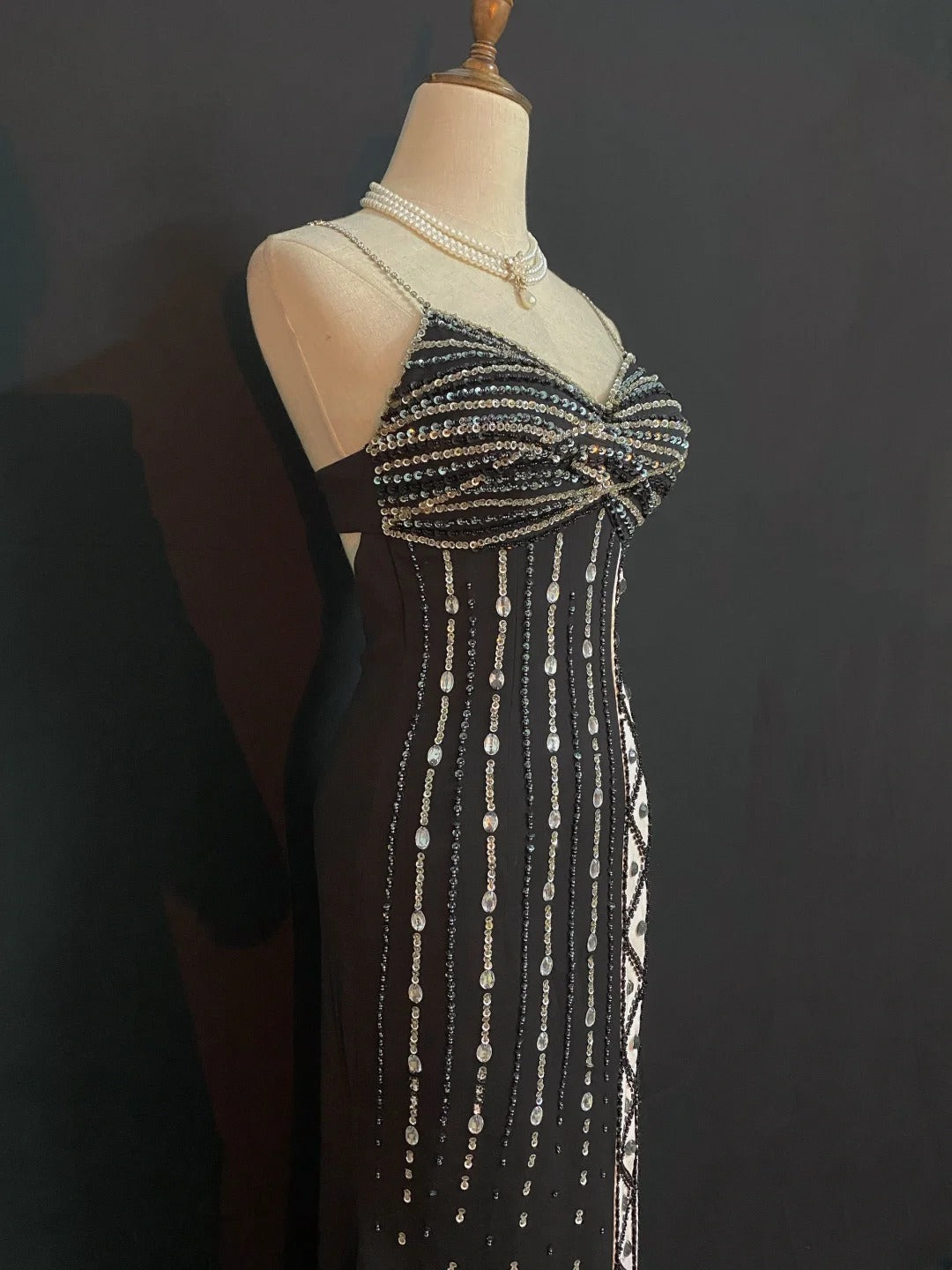 Vintage 80s Mermaid Spaghetti Straps Black Chiffon With Split Beading Prom Dresses Formal Outfits Evening Night Dress RB8004
