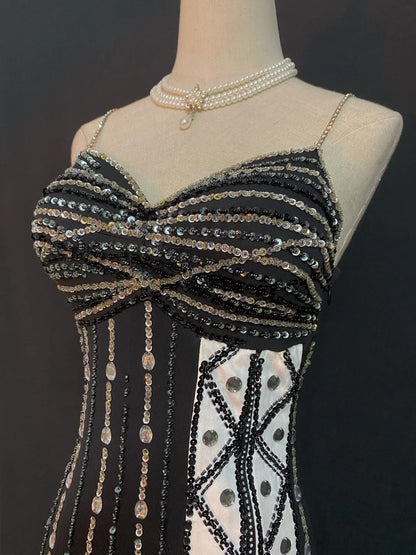 Vintage 80s Mermaid Spaghetti Straps Black Chiffon With Split Beading Prom Dresses Formal Outfits Evening Night Dress RB8004