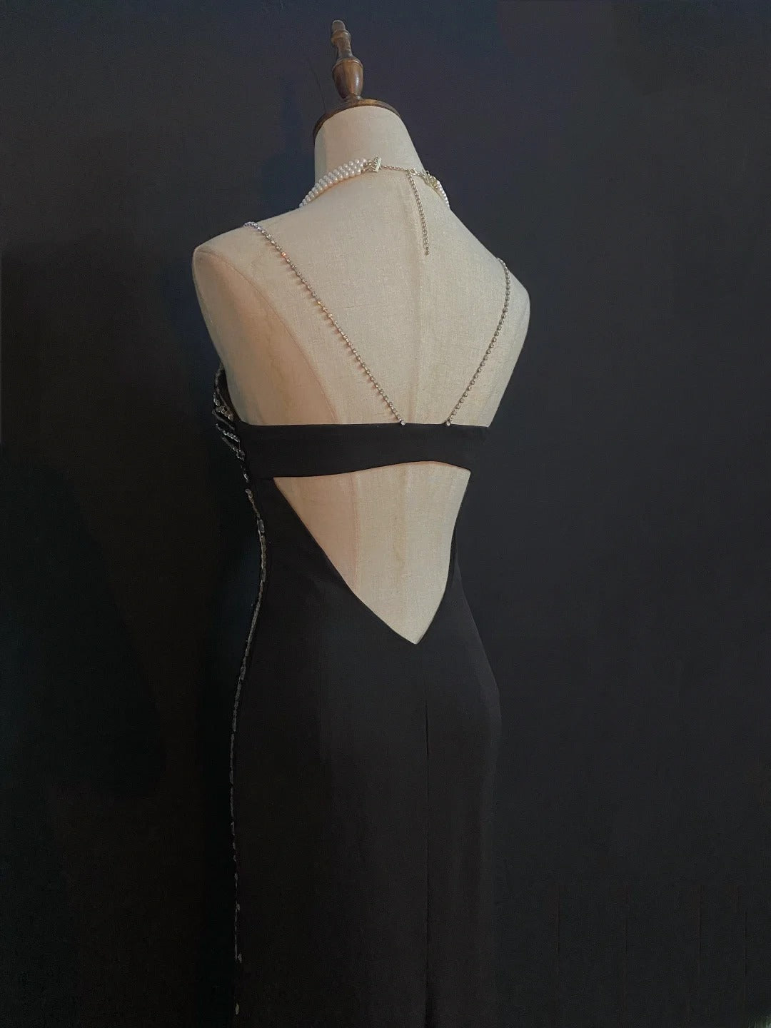 Vintage 80s Mermaid Spaghetti Straps Black Chiffon With Split Beading Prom Dresses Formal Outfits Evening Night Dress RB8004