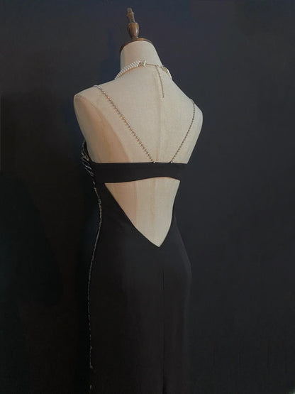 Vintage 80s Mermaid Spaghetti Straps Black Chiffon With Split Beading Prom Dresses Formal Outfits Evening Night Dress RB8004