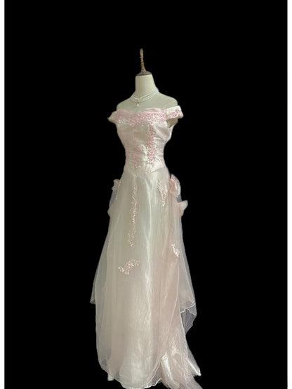 Vintage 80s A Line Off The Shoulder Light Pink With Lace Prom Dresses Formal Outfits Evening Night Dress RB8005
