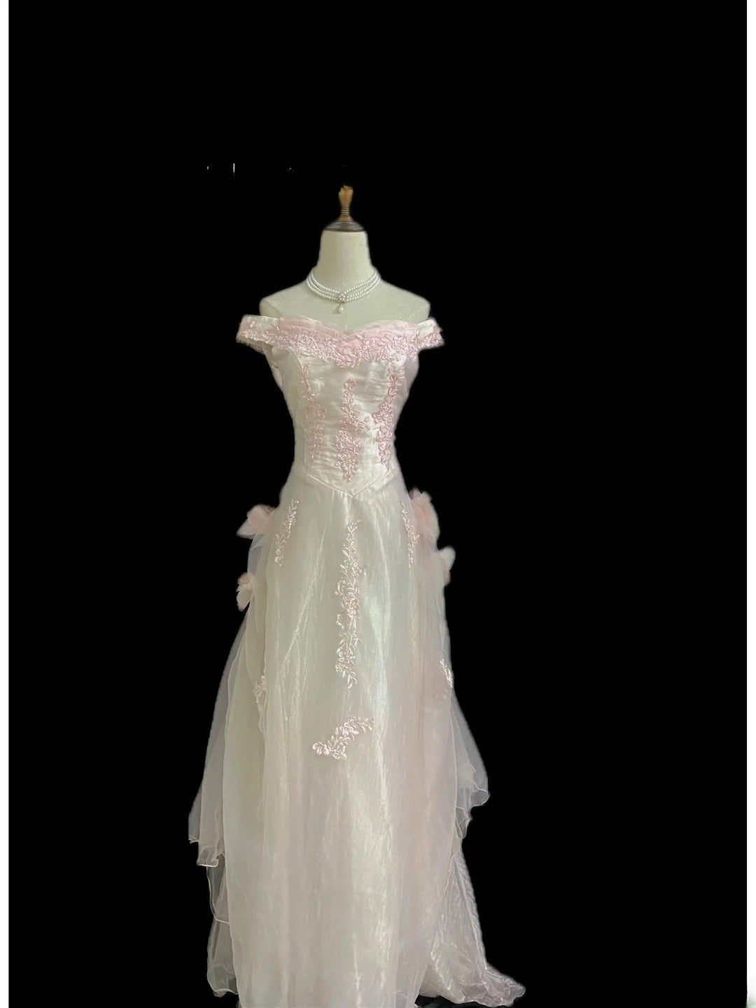 Vintage 80s A Line Off The Shoulder Light Pink With Lace Prom Dresses Formal Outfits Evening Night Dress RB8005