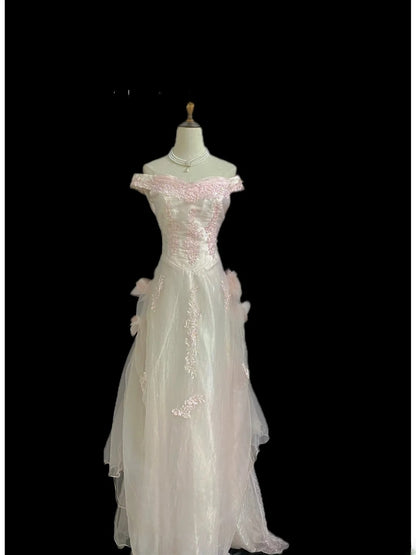 Vintage 80s A Line Off The Shoulder Light Pink With Lace Prom Dresses Formal Outfits Evening Night Dress RB8005