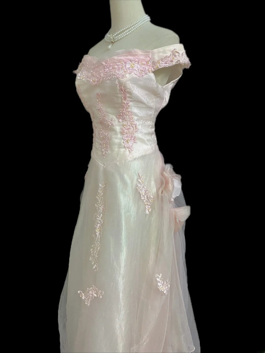 Vintage 80s A Line Off The Shoulder Light Pink With Lace Prom Dresses Formal Outfits Evening Night Dress RB8005