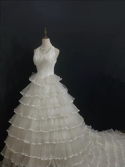 Vintage 80s Ball Gown Halter Sleeveless Ivory Tulle With Layers Tiered Brides Gown Bridal Dress Wedding Dresses RB8006