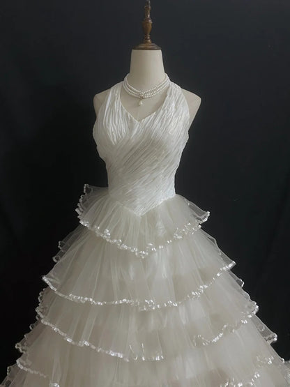 Vintage 80s Ball Gown Halter Sleeveless Ivory Tulle With Layers Tiered Brides Gown Bridal Dress Wedding Dresses RB8006