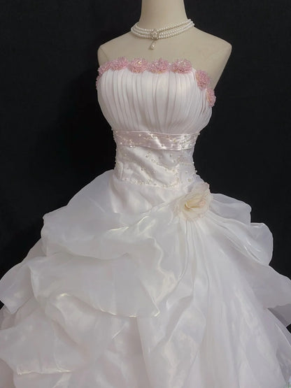 Princesses Fairytale Ball Gown Strapless Light Pink Organza Long With Flowers Quince Dress Quinceanera Dresses Formal Birthday Outfits RB8007