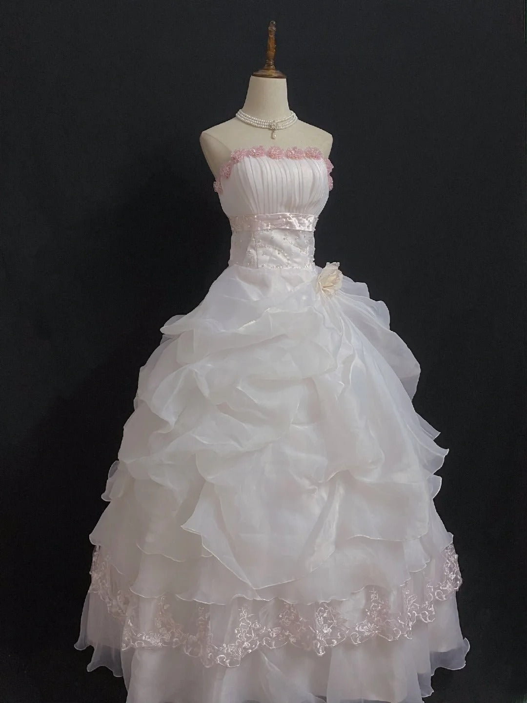 Princesses Fairytale Ball Gown Strapless Light Pink Organza Long With Flowers Quince Dress Quinceanera Dresses Formal Birthday Outfits RB8007